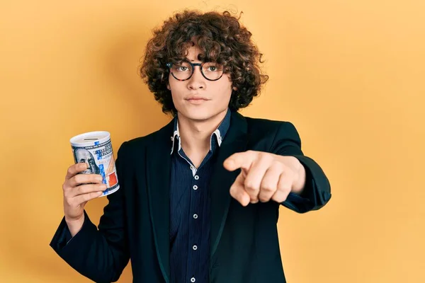 Handsome Young Man Holding Piggy Bank Pointing Finger Camera You — Stock Photo, Image