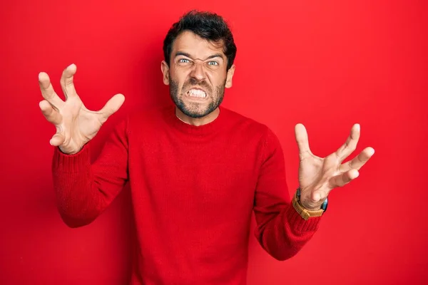 Handsome Man Beard Wearing Casual Red Sweater Shouting Frustrated Rage — Stock Photo, Image