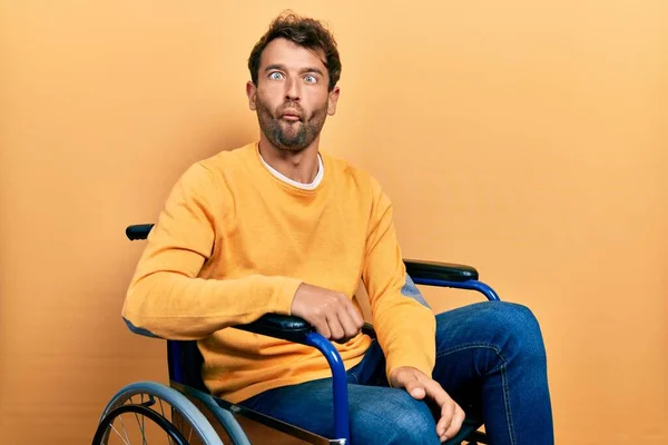 Handsome Man Beard Sitting Wheelchair Making Fish Face Lips Crazy — Stock Photo, Image