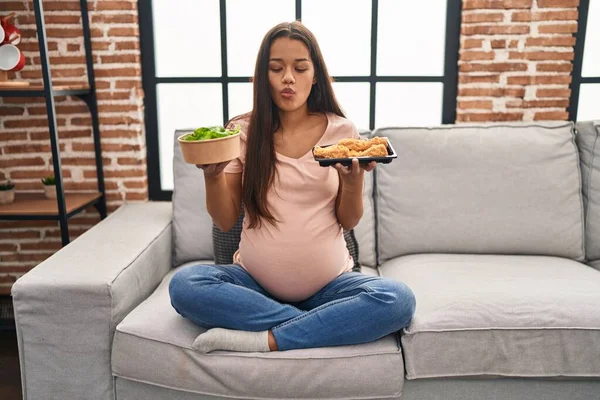 Young Pregnant Woman Craving Food Home Making Fish Face Mouth — ストック写真