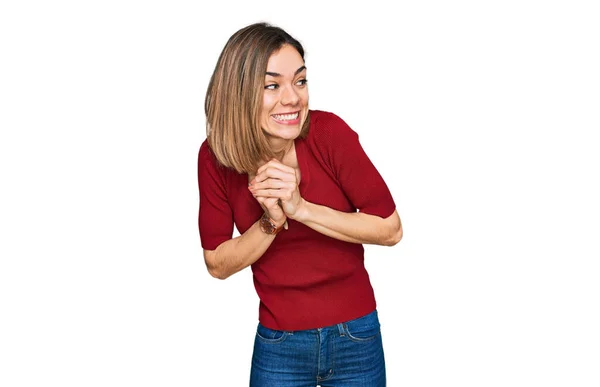 Young Blonde Girl Wearing Casual Clothes Laughing Nervous Excited Hands — Stock Photo, Image