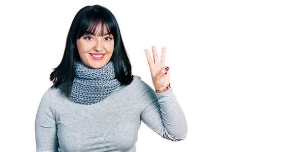 Young Hispanic Size Woman Wearing Winter Scarf Showing Pointing Fingers — Stock Photo, Image