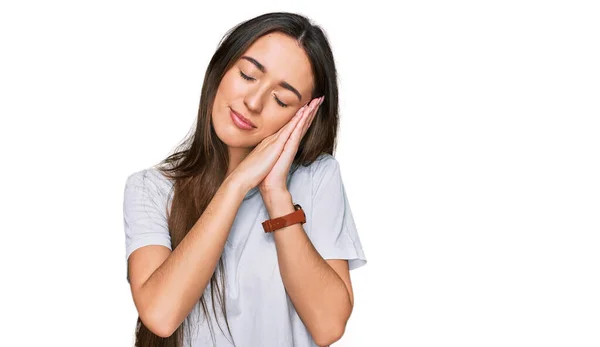 Young Hispanic Girl Wearing Casual White Shirt Sleeping Tired Dreaming — Stock Photo, Image