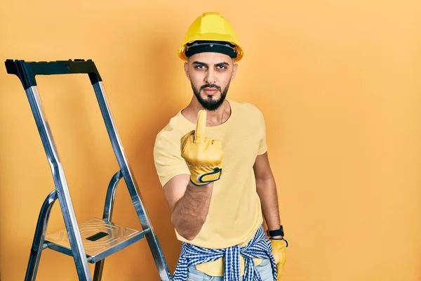 Handsome Man Beard Construction Stairs Wearing Hardhat Showing Middle Finger — 스톡 사진