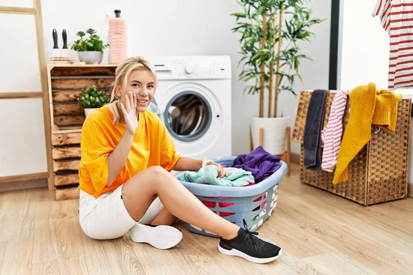 Young Caucasian Woman Putting Dirty Laundry Washing Machine Hand Mouth — Stock Photo, Image