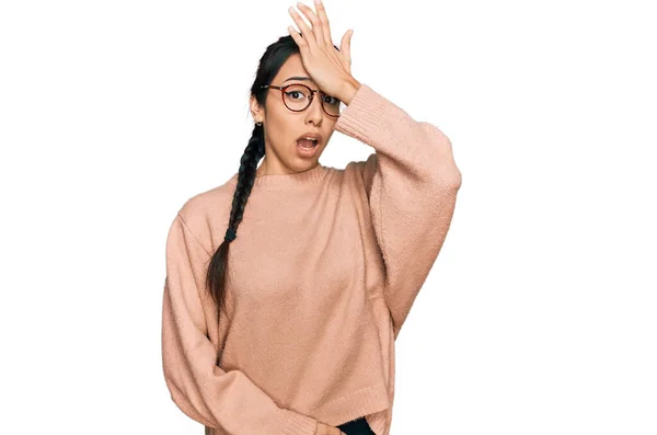 Young Hispanic Girl Wearing Casual Clothes Glasses Surprised Hand Head — Stock Photo, Image