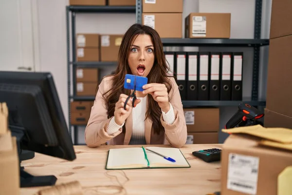 Jonge Brunette Vrouw Werken Bij Kleine Bedrijven Commerce Snijden Credit — Stockfoto