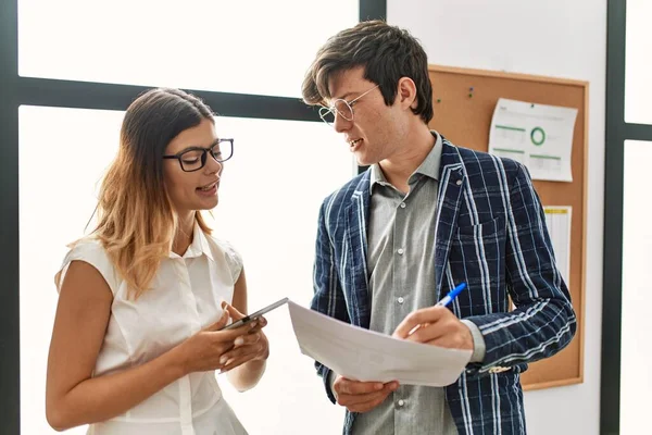 Two Business Workers Smiling Happy Working Office — Stock Photo, Image