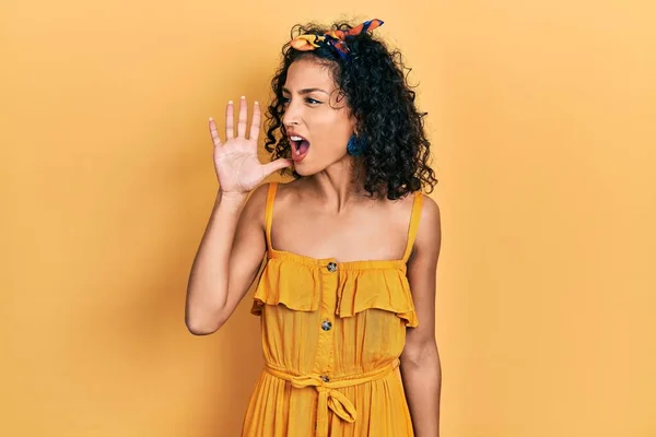 Young Latin Girl Wearing Summer Dress Shouting Screaming Loud Side — 스톡 사진