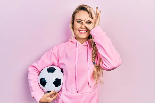 Beautiful Young Blonde Woman Holding Soccer Ball Smiling Happy Doing — Stock Photo, Image