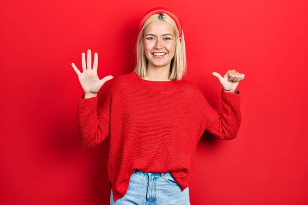 Beautiful Blonde Woman Wearing Casual Red Sweater Showing Pointing Fingers — Φωτογραφία Αρχείου