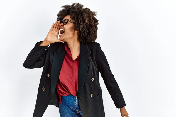 African American Woman Afro Hair Wearing Business Jacket Glasses Shouting – stockfoto