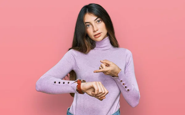 Young Beautiful Teen Girl Wearing Turtleneck Sweater Hurry Pointing Watch — Stock Photo, Image