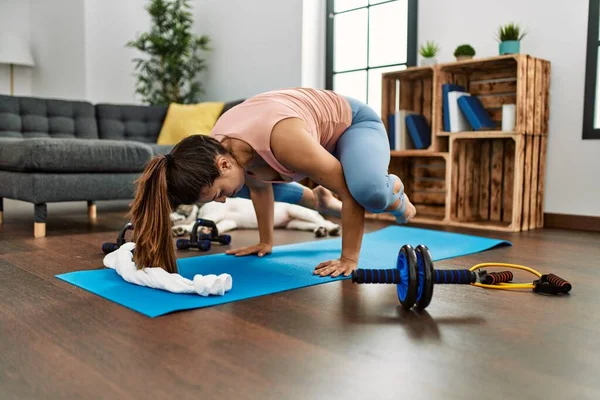 Young Woman Training Yoga Home — Fotografia de Stock