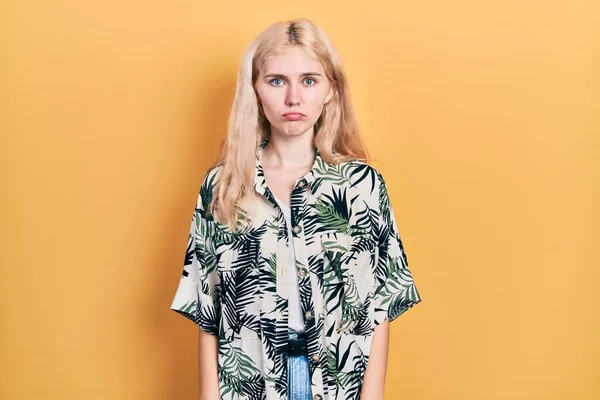 Beautiful Caucasian Woman Blond Hair Wearing Tropical Shirt Depressed Worry — Stock Photo, Image