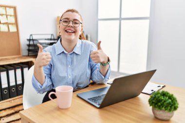 Ofiste çalışan genç kızıl saçlı kadın bilgisayarın başarı işaretini kullanıyor. Elleriyle olumlu jest yapıyor. Gülümsüyor ve mutlu. Neşeli ifade ve kazanan jest. 