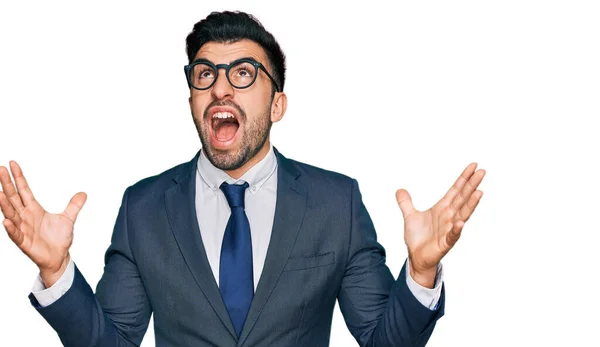 Hispanic Man Beard Wearing Business Suit Tie Crazy Mad Shouting — Stock Photo, Image