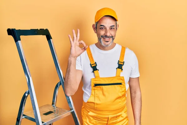 Handsome Middle Age Man Grey Hair Holding Ladder Smiling Positive — Stock Photo, Image