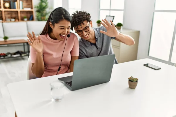 Young Latin Couple Smiling Happy Having Video Call Using Laptop — Stockfoto