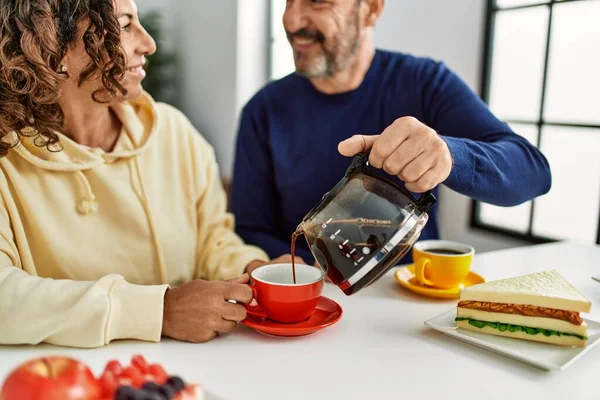 Middle Age Hispanic Couple Smiling Happy Sitting Table Having Breakfast — Stock Photo, Image