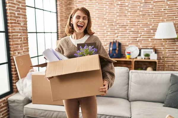 Young Beautiful Woman Holding Box Moving New Home Smiling Laughing — Stockfoto