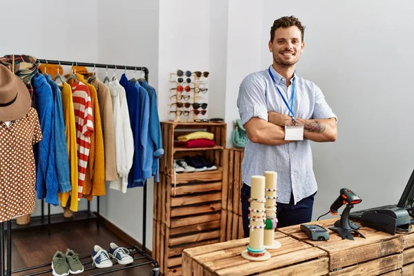 Young Hispanic Shopkeeper Man Smiling Happy Standing Arms Crossed Gesture — Stock Photo, Image