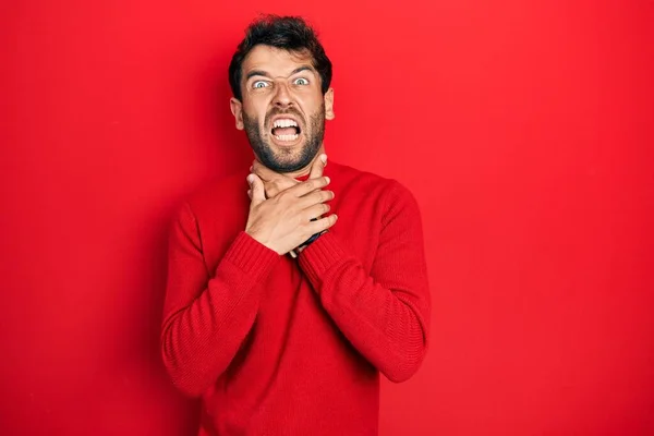 Handsome Man Beard Wearing Casual Red Sweater Shouting Suffocate Because — Stock Photo, Image