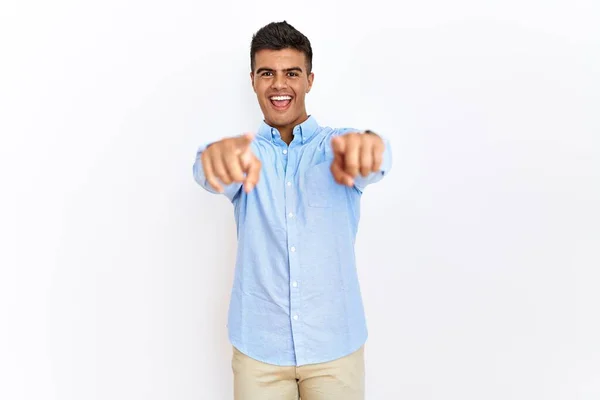 Young Hispanic Man Wearing Business Shirt Standing Isolated Background Pointing — Stockfoto