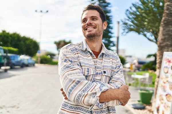 Young Hispanic Man Smiling Confident Standing Arms Crossed Gesture Park — Foto de Stock