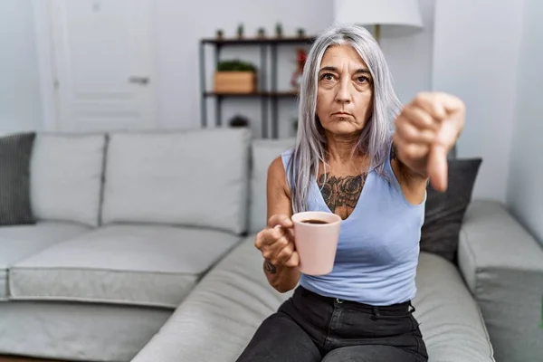 Middle Age Grey Haired Woman Drinking Coffee Sitting Sofa Home — Stock Photo, Image