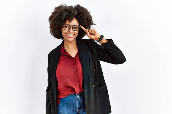 African American Woman Afro Hair Wearing Business Jacket Glasses Smiling — 图库照片