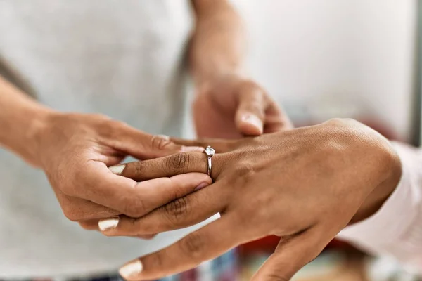 Hands Ouple Marriage Proposal Bedroom Man Putting Engagement Ring Woman — Fotografia de Stock