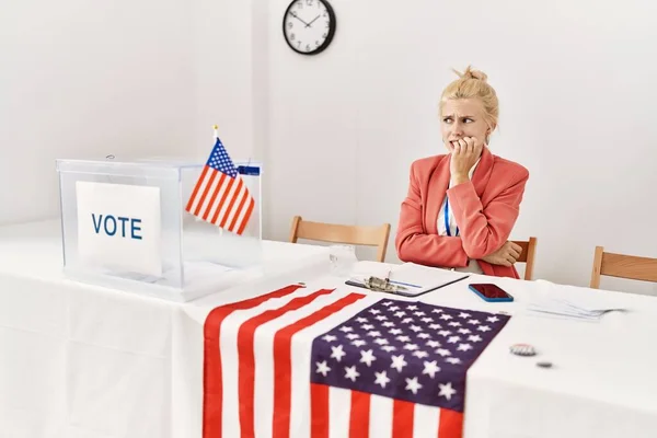 Beautiful Caucasian Woman Working Political Campaign Looking Stressed Nervous Hands — Stock fotografie
