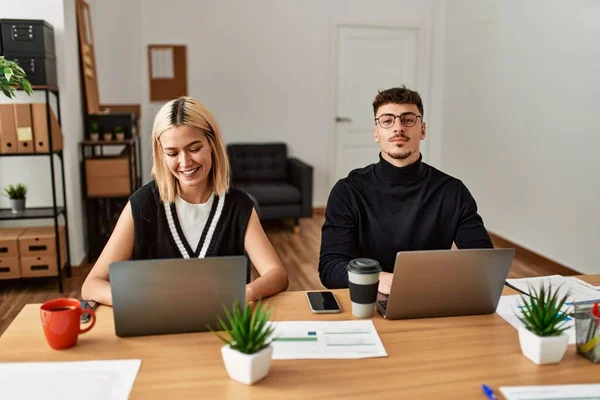 Two Business Workers Smiling Happy Working Office — Stock Photo, Image