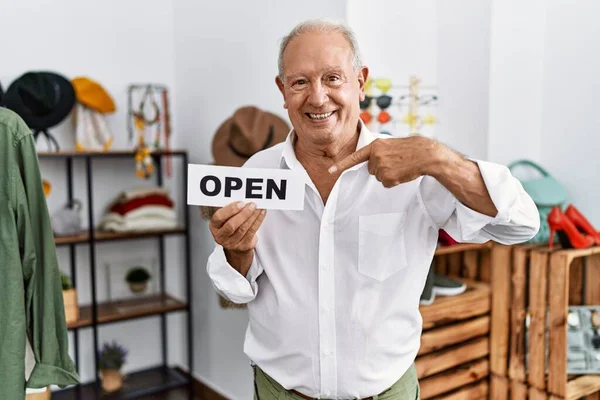Senior Man Holding Banner Open Text Retail Shop Smiling Happy — Stock Photo, Image
