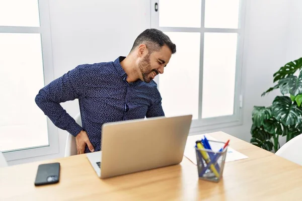 Young Hispanic Man Beard Working Office Laptop Suffering Backache Touching — Stock Photo, Image