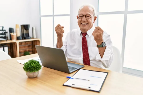 Homem Sênior Trabalhando Escritório Usando Laptop Computador Muito Feliz Animado — Fotografia de Stock