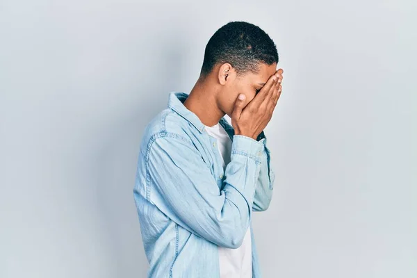 Young African American Guy Wearing Casual Clothes Sad Expression Covering — 图库照片