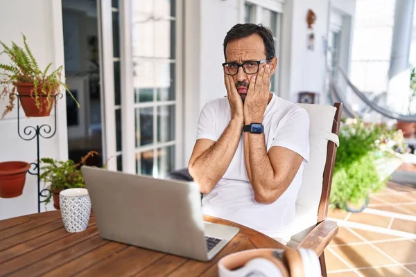 Middle Age Man Using Computer Laptop Home Tired Hands Covering — Stock Photo, Image