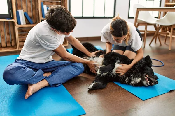 Jong Kaukasisch Paar Glimlachen Gelukkig Spelen Met Hond Thuis — Stockfoto