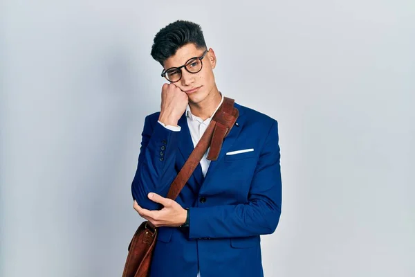 Young Hispanic Man Wearing Business Clothes Thinking Looking Tired Bored — Stock Photo, Image