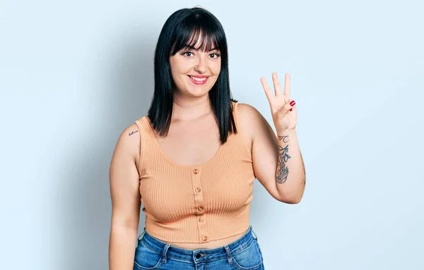 Young Hispanic Size Woman Wearing Casual Clothes Showing Pointing Fingers — Foto de Stock