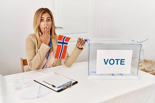 Siyasi Seçim Kampanyasında Sarışın Genç Güzel Bir Kadın Elinde Norveç — Stok fotoğraf