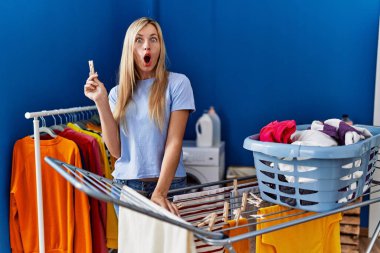 Elbiselerini çamaşır ipine asan güzel bir kadın şaşkınlık ve şaşkınlık dolu bir ifade, korku ve heyecanlı bir yüz ifadesiyle şok olmuş ve korkmuştu.. 