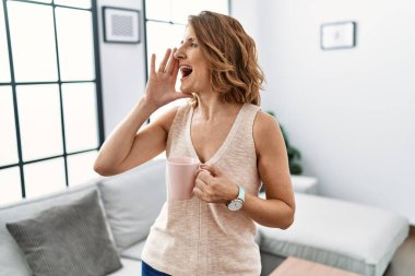 Orta yaşlı bir kadın evde kahve içip el ele tutuşarak bağırıyor ve çığlık atıyor. iletişim konsepti. 