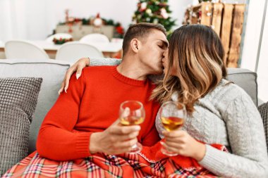 Evdeki kanepede şampanyayla kadeh kaldıran genç çift..