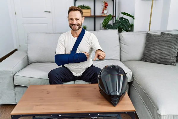 Middle Age Man Beard Wearing Arm Sling Because Motorbike Accident — Stock Fotó