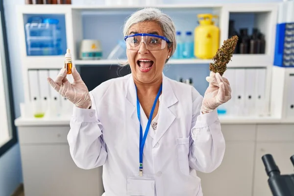 Orta Yaşlı Kır Saçlı Bir Kadın Laboratuvarda Yağı Çıkartıyor Çılgınlığı — Stok fotoğraf