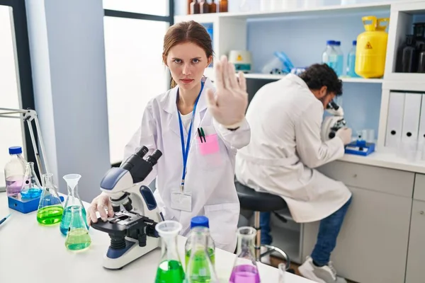 Young Two People Working Scientist Laboratory Open Hand Doing Stop — Fotografia de Stock
