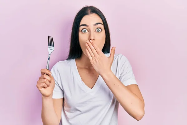Beautiful Woman Blue Eyes Holding One Silver Fork Covering Mouth — Stock Fotó